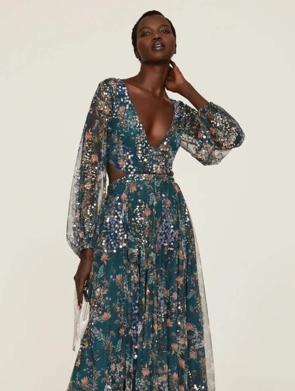 Max Duggal Teal Blue Cut Out Floral Maxi Dress With Sequins